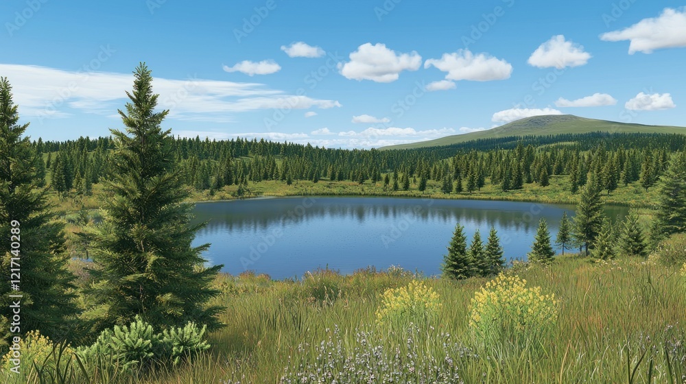 Fototapeta premium Serene mountain lake, wildflowers, sunny sky, tourism