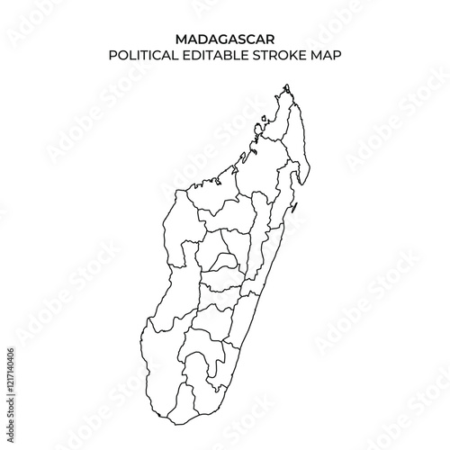 This detailed illustration presents a political map of Madagascar featuring editable stroke lines outlining various regions and administrative boundaries for use in presentations and designs.