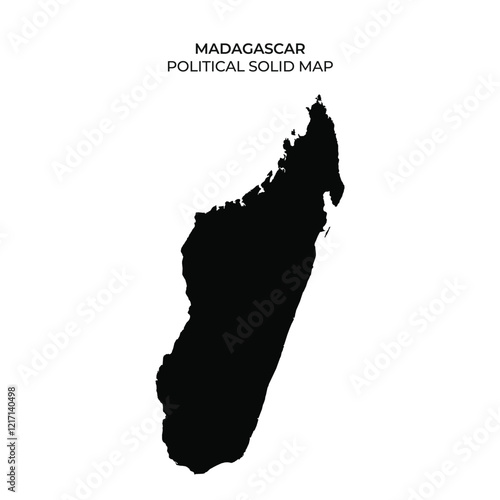 This solid map illustrates the political boundaries of Madagascar. The outline clearly defines the islands shape and geographical features in a simple black silhouette.