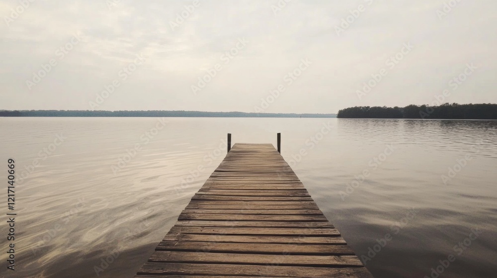 Fototapeta premium Serene wooden dock extending into a calm lake under a cloudy sky, surrounded by nature
