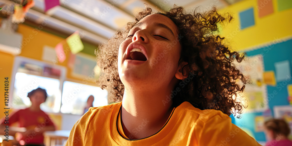 Young Person with Curly Hair in Classroom Setting Young Person with Curly Hair in Classroom Setting
