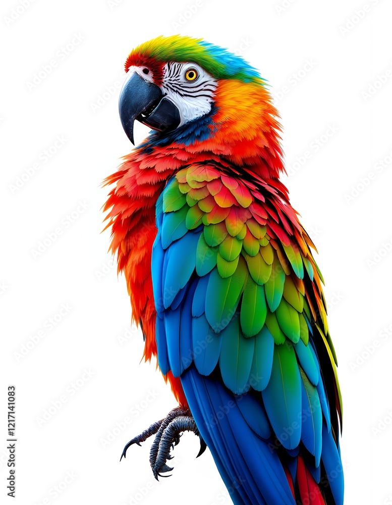 Vibrant Scarlet Macaw: A Majestic Tropical Bird Portrait against White Background Vibrant Scarlet Macaw: A Majestic Tropical Bird Portrait against White Background