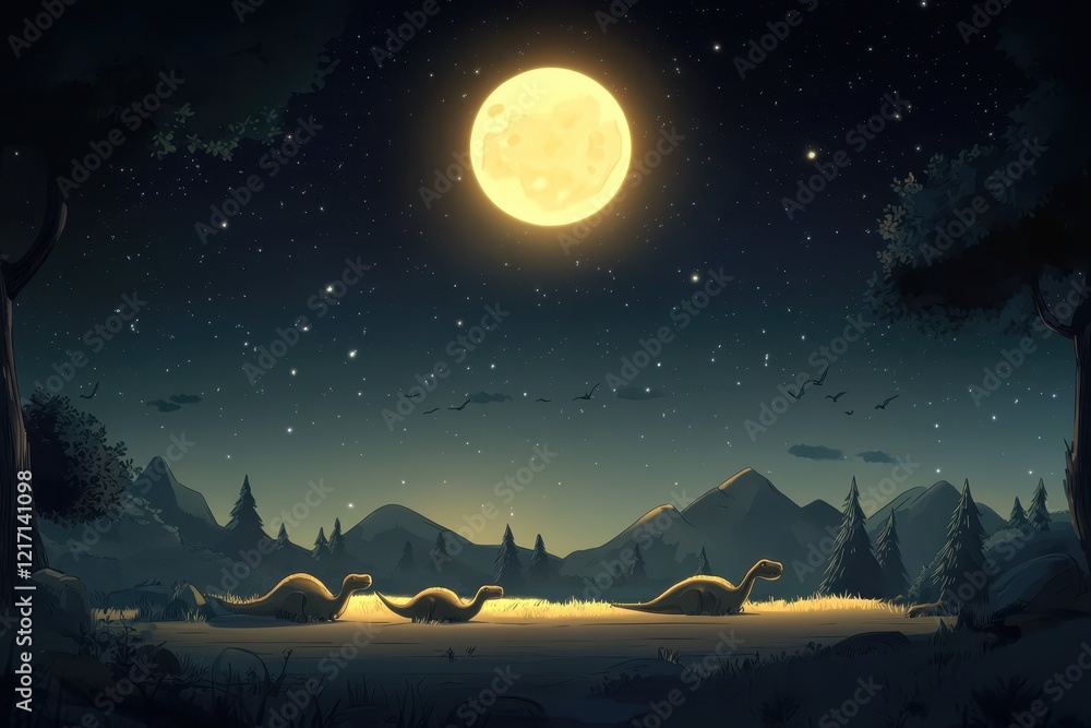 Fototapeta premium Serene Night Landscape Featuring Dinosaurs Under a Bright Full Moon Surrounded by Stars and Mountains in a Peaceful Forest Setting