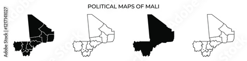 Display of political maps of Mali showcasing various regions and administrative divisions in distinct color patterns. Each map represents a unique aspect of territorial organization.