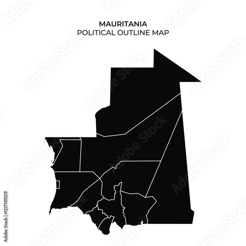 A detailed outline map of Mauritania highlights its political divisions. The map is colorless, focusing on the geographic shapes of regions and boundaries clearly, ideal for educational use.