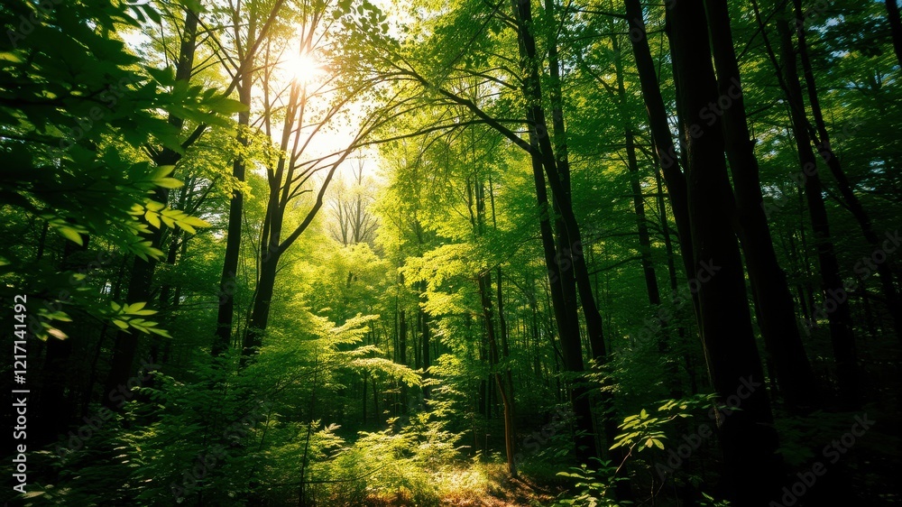 Obraz premium Sunlit Canopy in a Lush Green Forest with Sunlight Streaming Through the Trees
