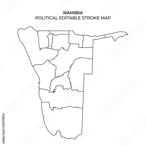 Detailed outline map of Namibia showing political divisions including regions and borders, suitable for educational, design, or planning purposes.