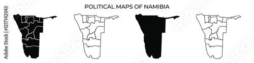 Various political maps of Namibia illustrate the countrys regions with distinct outlines and features. The maps highlight administrative divisions and geographical areas.