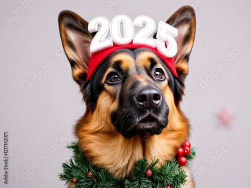 an image of a dog wearing a new year's hat and a wreath. photo