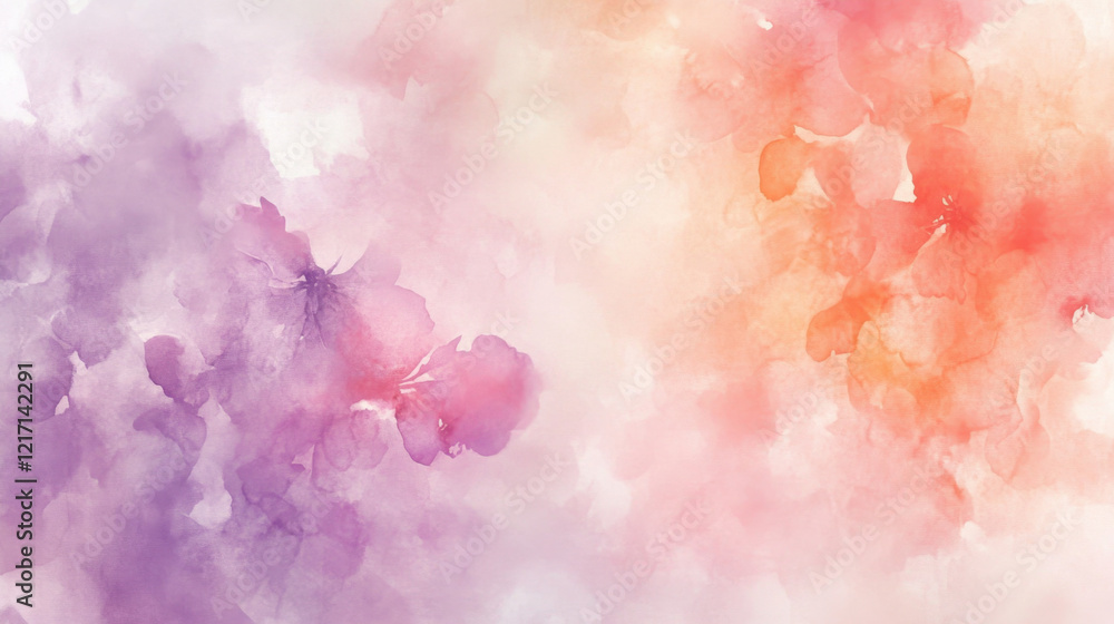 Obraz premium Soft watercolor florals in pastel tones, subtly scattered across a pale grayish-white background,