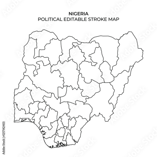 The political boundaries of Nigeria, featuring distinct regions and states, suitable for educational use or design projects. It highlights the diverse administrative divisions.