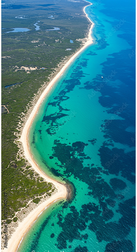 Fototapeta premium Bird's Eye View of Tropical Beaches and Clear Waters Along the Gulf Coast, Emphasizing Natural Beauty and Recreation