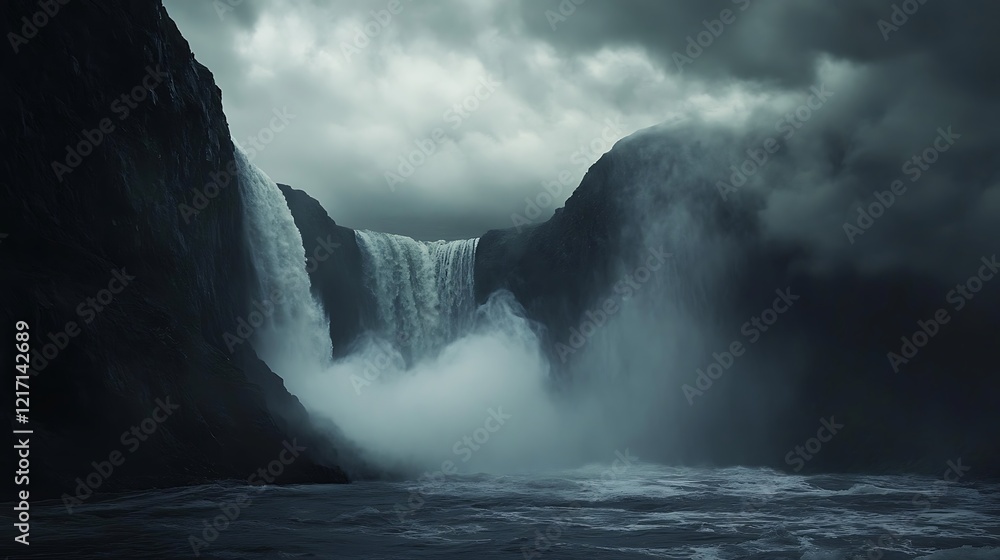 Obraz premium A majestic view of Skógafoss waterfall in Iceland, cascading down a towering cliff surrounded by lush green landscapes and mist rising into the crisp air.
