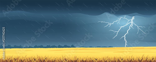 Thunderstorm over a wheat field. Beautiful lightning and rain on a wheat field. Fields of yellow wheat against the backdrop of a stunning thunderstorm with lightning. Black sky with thunderclouds.