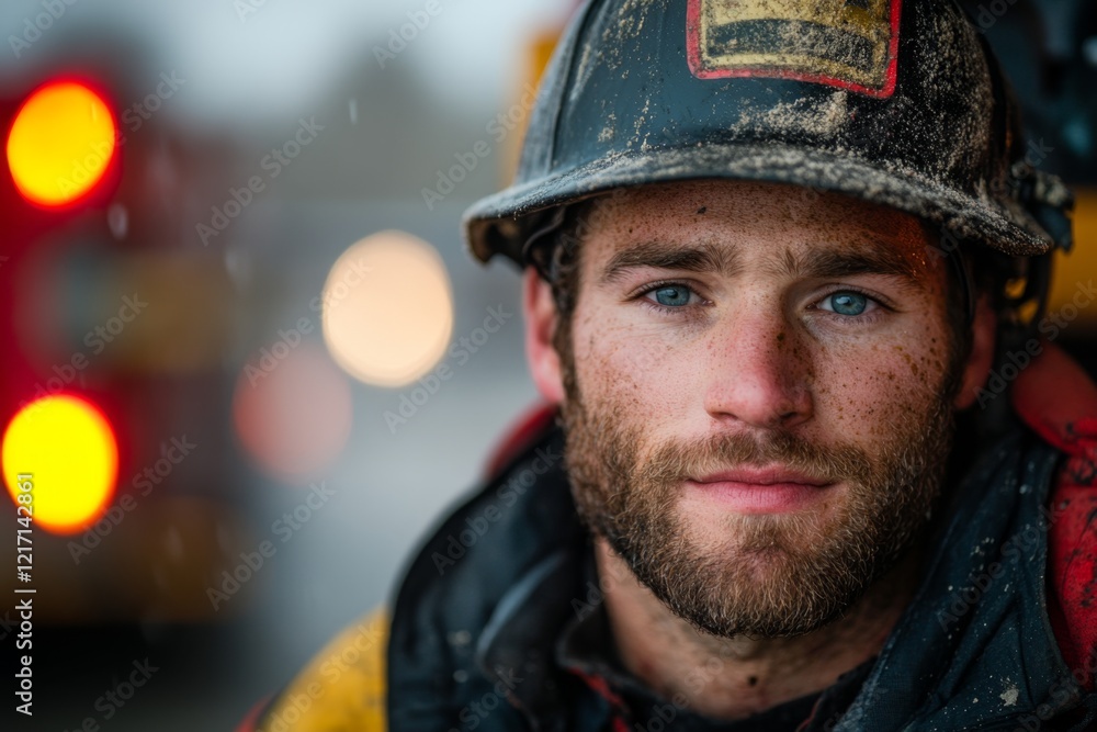 Obraz premium A confident firefighter standing in front of a firetruck, their gear slightly dusty from a successful rescue, and a determined look on their face