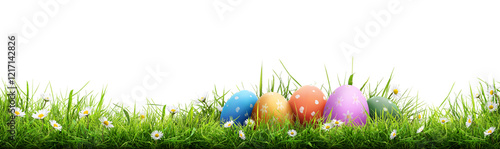 A template of a collection of painted easter eggs celebrating a Happy Easter with green meadow grass against a transparent background photo