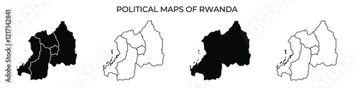 Four visual representations illustrate the political boundaries of Rwanda. Each map highlights varying regions, showing the countrys geographical layout and administrative divisions.