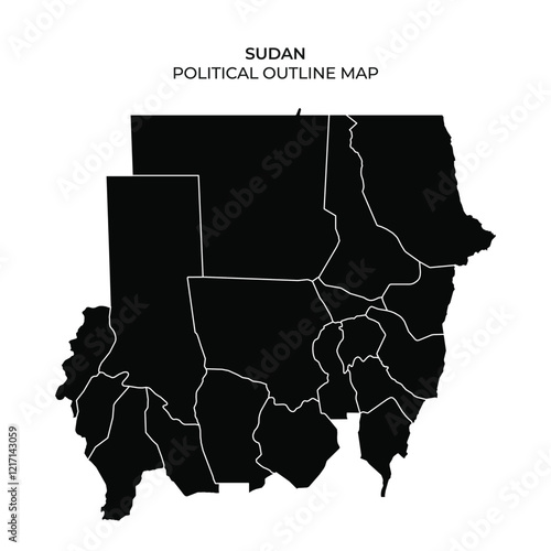 A detailed outline map showcases the political divisions of Sudan, highlighting its various regions and borders. The map is presented in a stark black silhouette format.