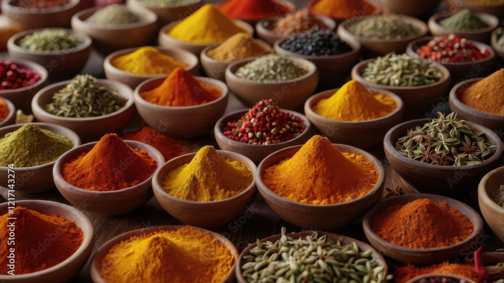 Fototapeta premium A Colorful Assortment of Spices in Elegant White Bowls: Discover the Aromatic Flavors of Culinary Delights for Cooking and Food