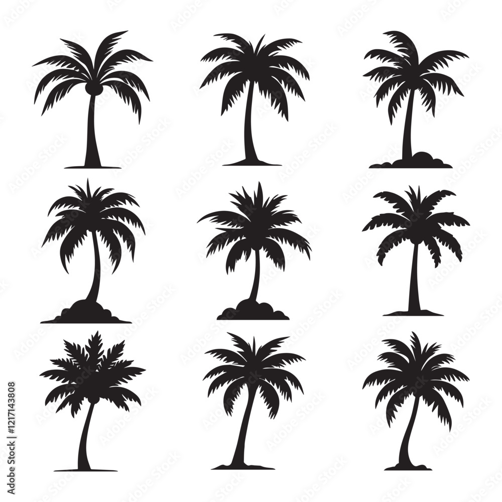 Collection of palm trees arranged in a grid pattern showcasing their natural elegance and diversity Collection of palm trees arranged in a grid pattern showcasing their natural elegance and diversity