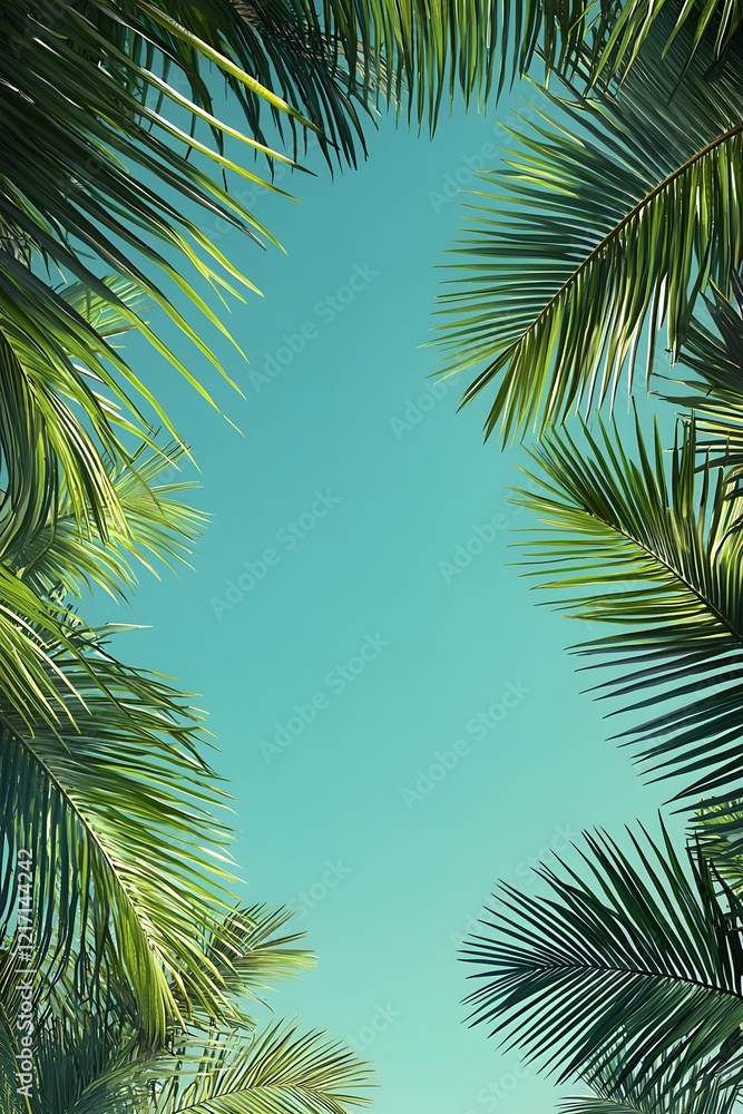 Fototapeta premium Lush Tropical Leaves and Fronds Framing Peaceful Blue Sky Backdrop