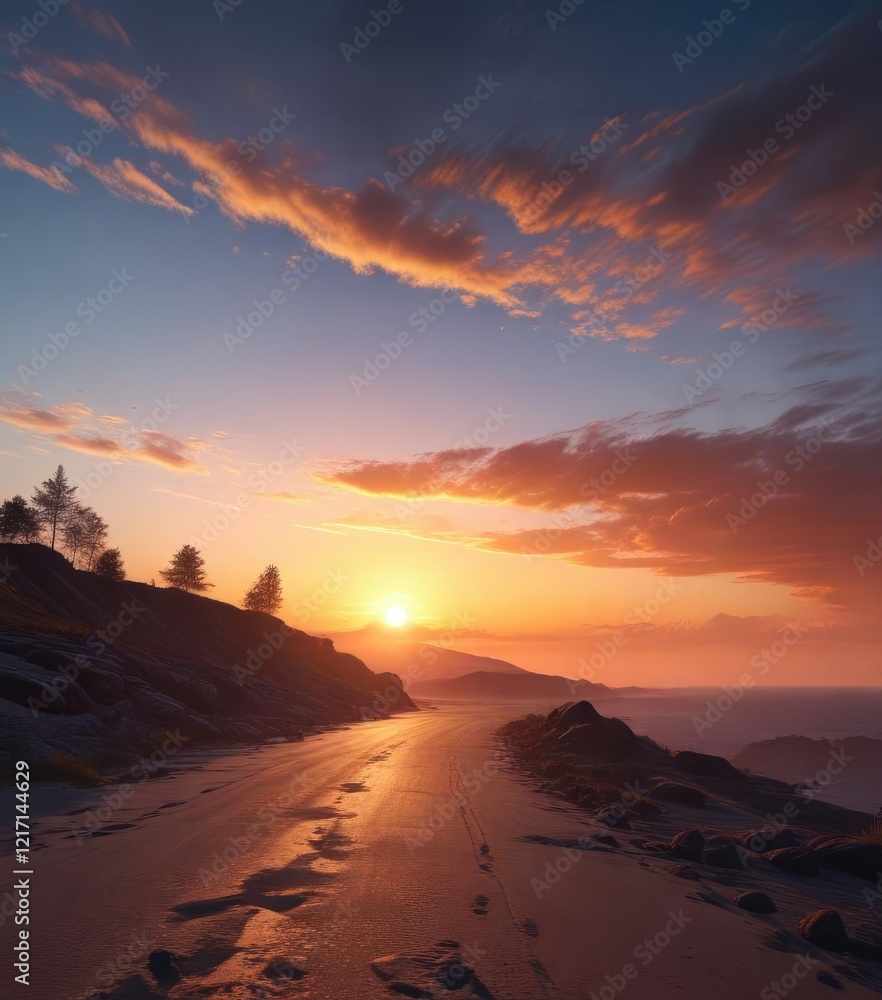 Gradual transition from blue to orange hues with speeding light rays across the sky, blue, atmospheric phenomenon Gradual transition from blue to orange hues with speeding light rays across the sky, blue, atmospheric phenomenon