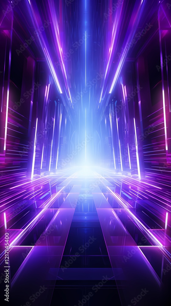 Fototapeta premium Digital technology purple neon light abstract futuristic tunnel poster background