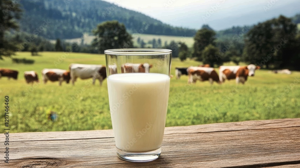 Fresh milk in a glass on a wooden table with a scenic landscape of cows and green grass Fresh milk in a glass on a wooden table with a scenic landscape of cows and green grass