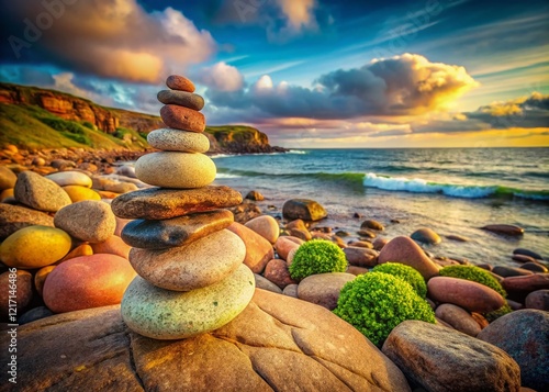 Vintage Stacked Rocks Beach Scene, Buckie, Scotland - Coastal Stone Cairn