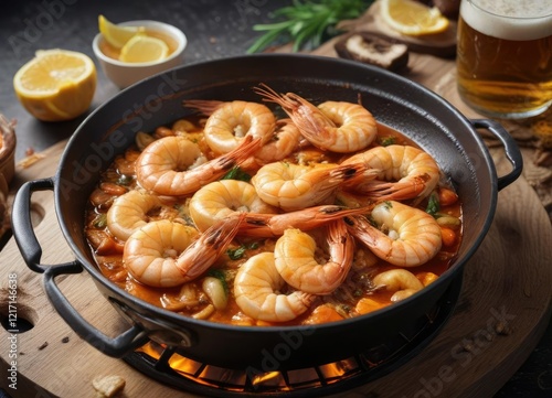 Wallpaper Mural Golden prawns sizzling in a hot pan with beer sauce , foodie, seafood, beer fried prawns Torontodigital.ca