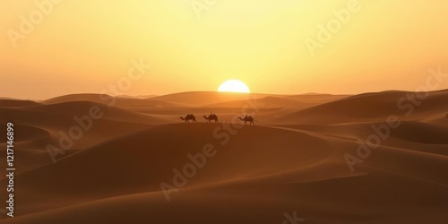 Wallpaper Mural Golden light of sunrise casts a warm glow on the sand dunes as a caravan traverses through Sahara desert in Morocco, desert sun, caravan, travel Torontodigital.ca