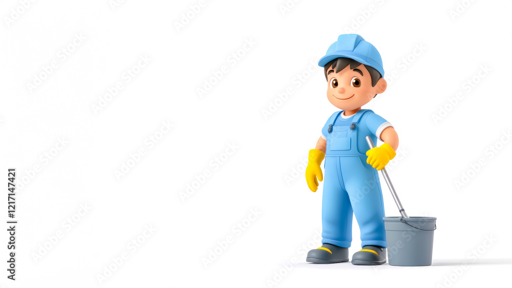 Cheerful cartoon janitor in blue overalls and cap holding mop beside bucket, set against white background. Concept of cleanliness, spring cleaning, professional maintenance, and reliable service Cheerful cartoon janitor in blue overalls and cap holding mop beside bucket, set against white background. Concept of cleanliness, spring cleaning, professional maintenance, and reliable service