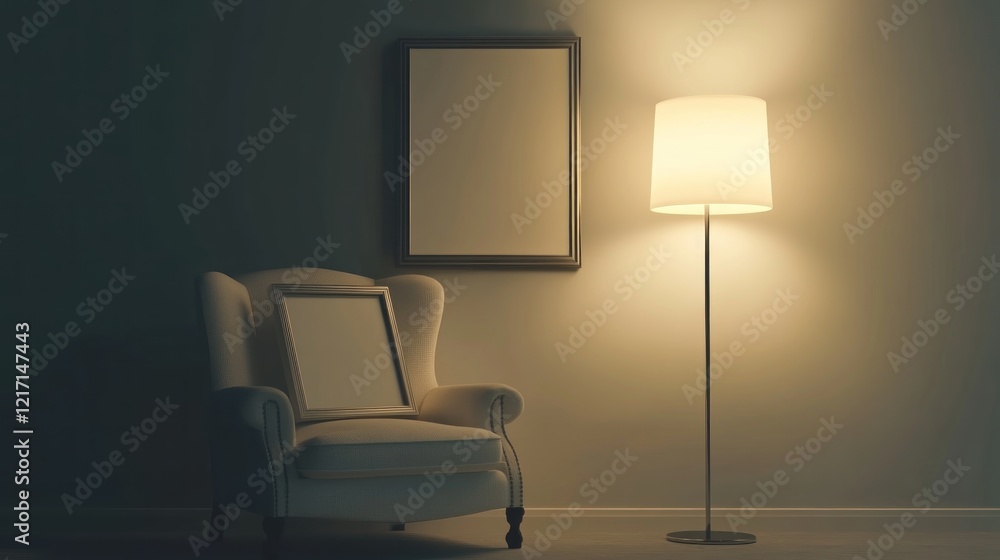 Fototapeta premium Evening room, armchair, lamp, blank frames, cozy