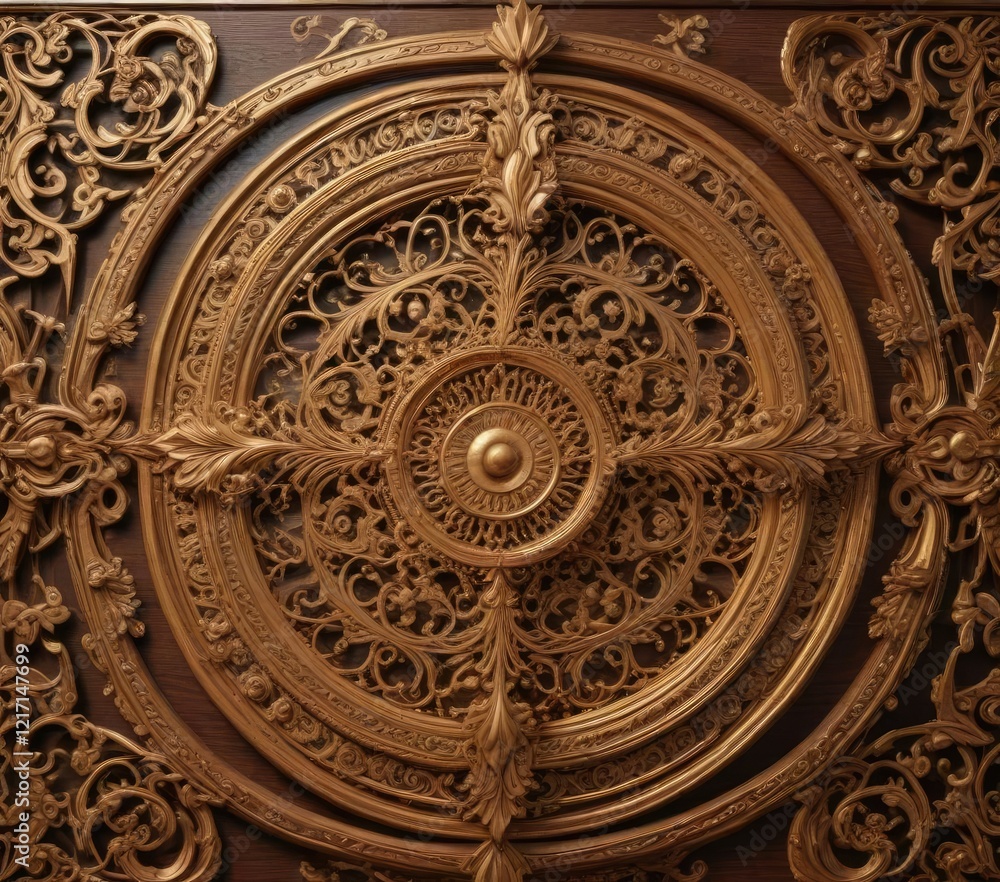 Golden filigree work on a wooden panel with intricate carvings, panel, artistry, texture Golden filigree work on a wooden panel with intricate carvings, panel, artistry, texture