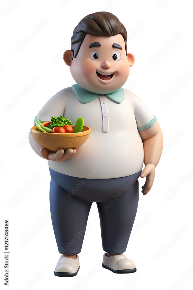 3D anime funny character caucasian overweight man holds salad on white isolated background. International No Diet Day Concept. 3D anime funny character caucasian overweight man holds salad on white isolated background. International No Diet Day Concept.