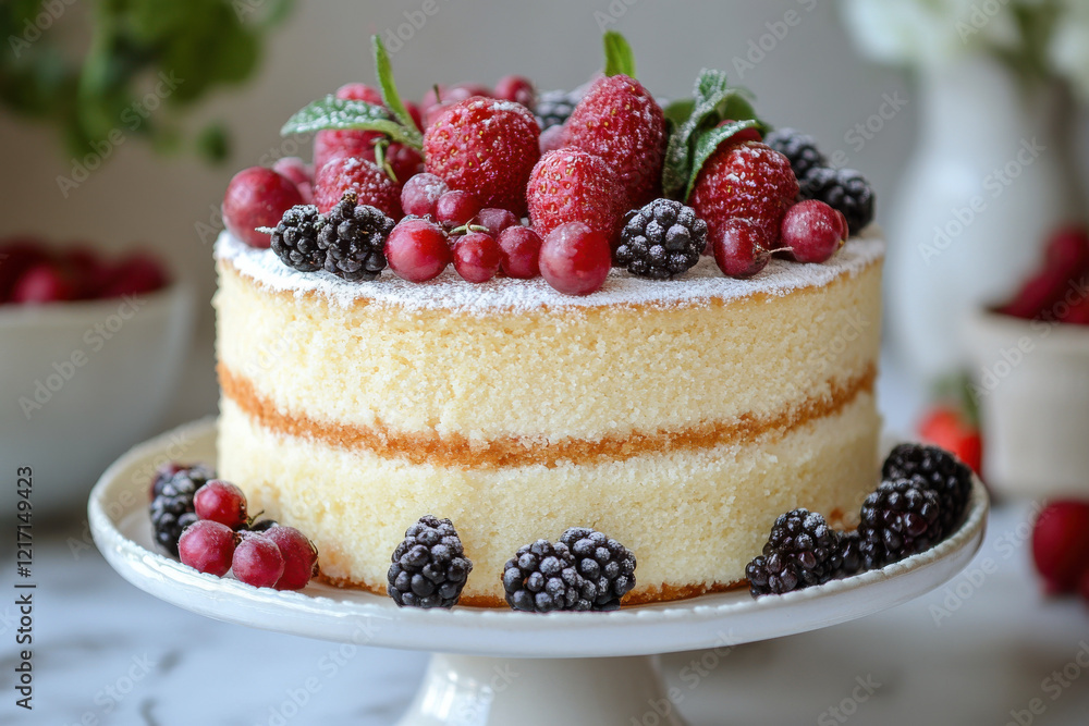 Delicious sponge cake with vanilla cream and fresh berries. Tasty homemade bakery. Generated AI Delicious sponge cake with vanilla cream and fresh berries. Tasty homemade bakery. Generated AI