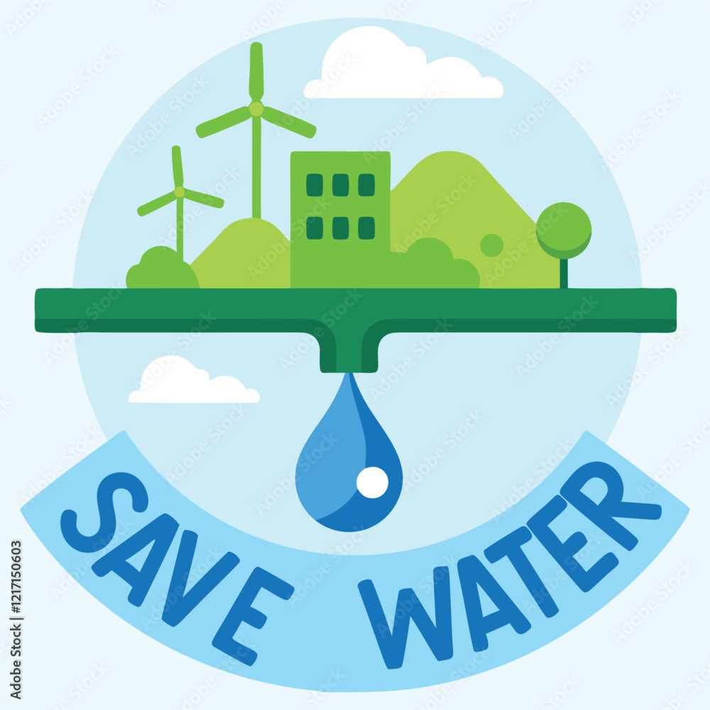 Naklejka premium This vibrant illustration depicts a stylized city landscape, including wind turbines and buildings, supported by a pipe, with a water droplet dripping from its end