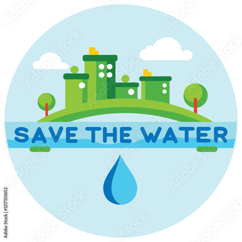 Colorful, flat design illustration of a stylized city on an island above a body of water, with the words "SAVE THE WATER" prominently displayed