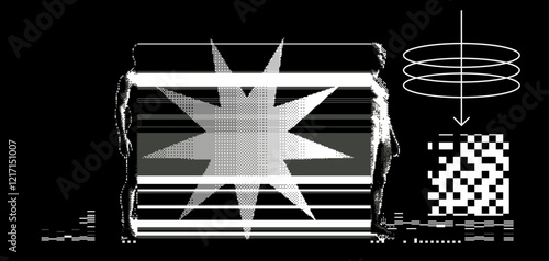 Geometric distress aesthetics in abstract pattern design. Brutalism inspired vector graphics collage made with simple geometric shapes and grunge texture, useful for poster art and digital prints.