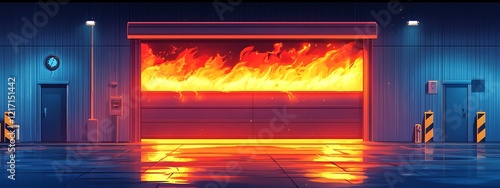 Burning warehouse garage door at night, fire safety hazard illustration