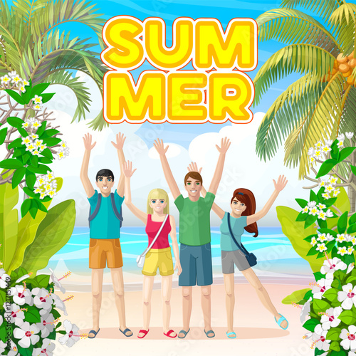 vector nature landscape background. Happy friends on the beach. Cartoon summer clip art. Hand drown design.
