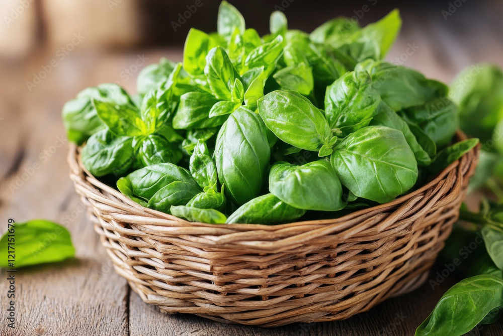Fresh basil leaves on kitchen table, closeup view. Traditional Italian spice. Generated AI Fresh basil leaves on kitchen table, closeup view. Traditional Italian spice. Generated AI