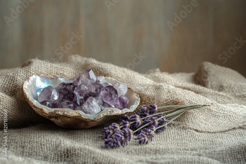 A detailed photo of multiple rough amethyst crystals in an abalone shell, accompanied by dried lavender flowers photo