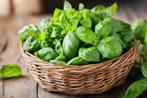 Fresh basil leaves on kitchen table, closeup view. Traditional Italian spice. Generated AI
