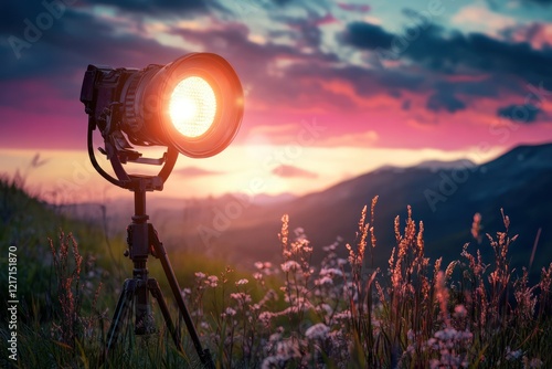 Captivating Landscape at Dusk with a Spotlight Illuminating Wildflowers and Mountains Under a Dramatic Sky Full of Colorful Clouds
