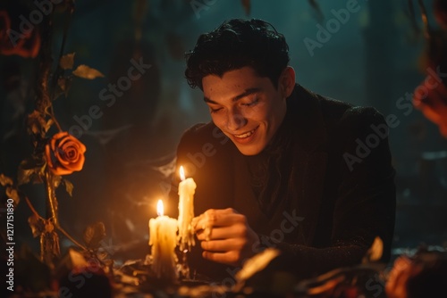 A gothic figure sitting in a shadowy room, smiling mysteriously as a single candle illuminates their face, with dark roses and cobwebs in the background photo