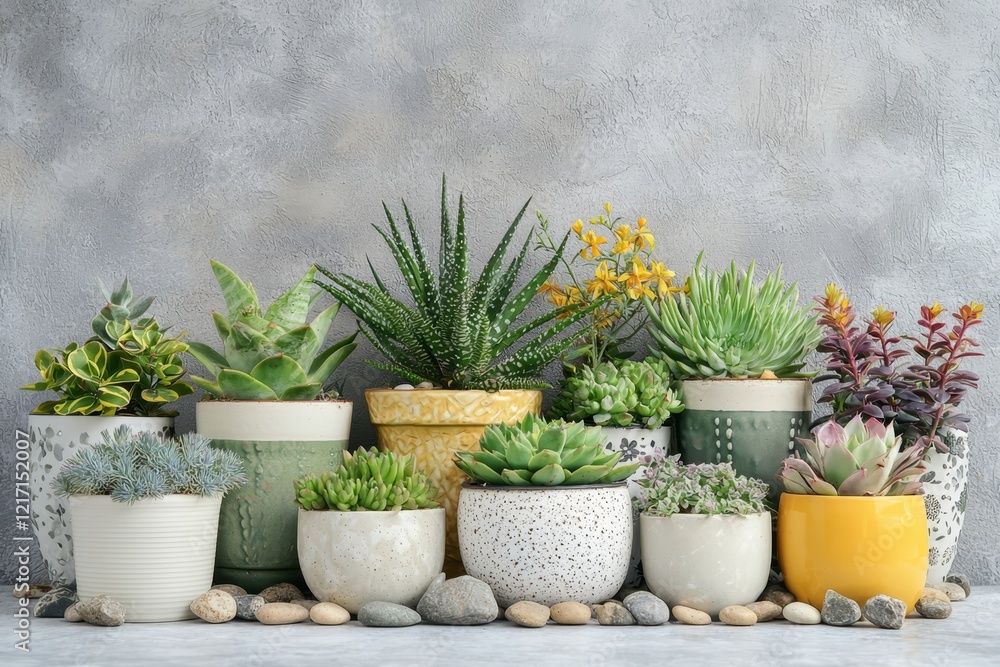 Fototapeta premium A decorative display of various potted plants in white, green, and yellow containers, surrounded by small rocks, creates an inviting atmosphere in a contemporary space.