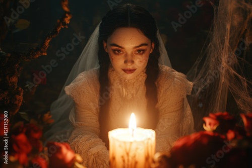 A gothic figure sitting in a shadowy room, smiling mysteriously as a single candle illuminates their face, with dark roses and cobwebs in the background photo