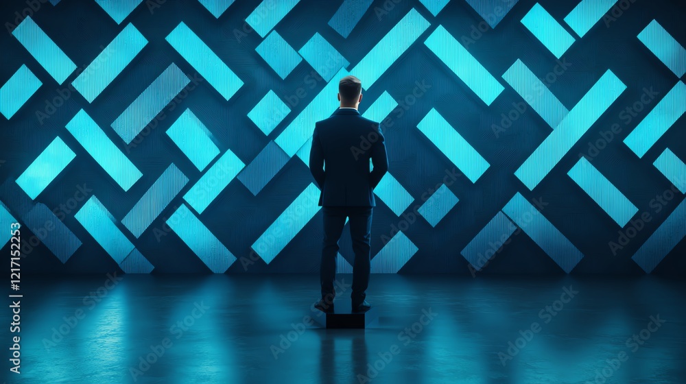 A silhouette of a person stands before a geometric, futuristic backdrop, contemplating innovation and strategy in a high-tech environment. A silhouette of a person stands before a geometric, futuristic backdrop, contemplating innovation and strategy in a high-tech environment.