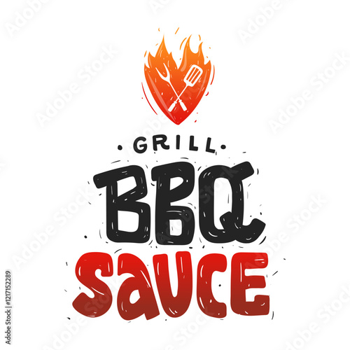 BBQ Sauce. Logo, label, sticker with bold text. Flaming heart grill icon featuring fork and spatula. Red gradient design. Vector file